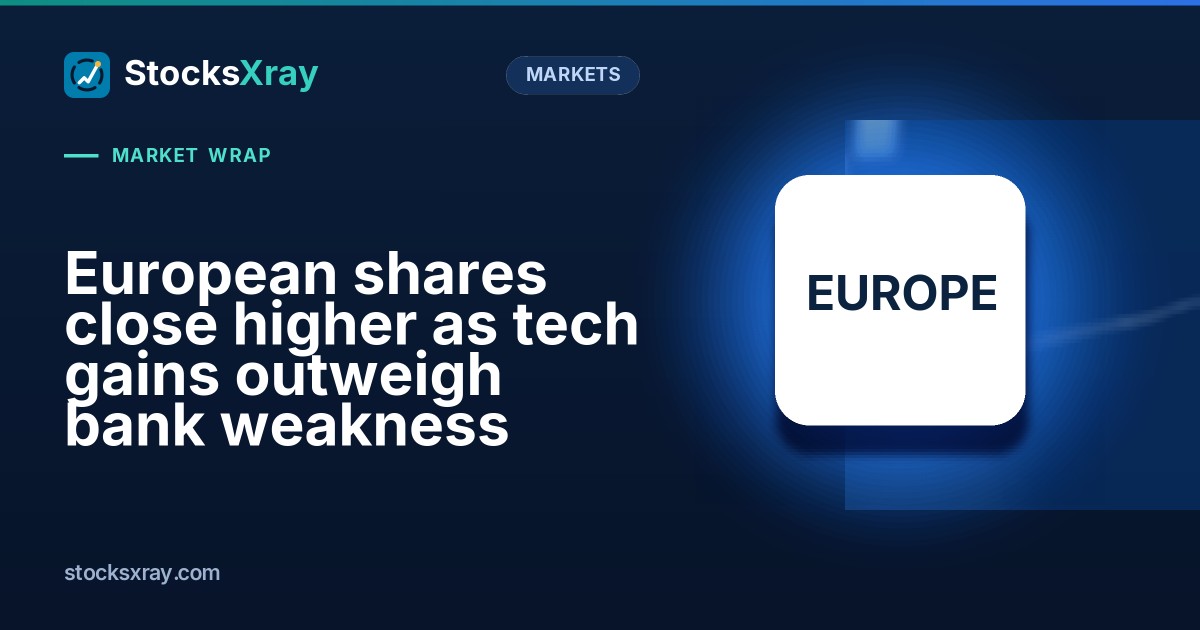 European shares close higher as tech gains outweigh bank weakness