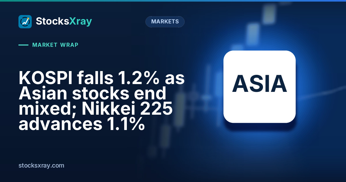 KOSPI falls 1.2% as Asian stocks end mixed; Nikkei 225 advances 1.1%